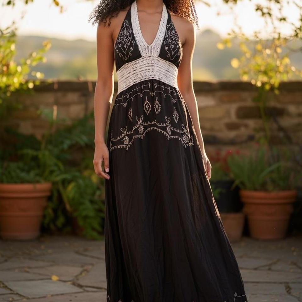 Venus Brown Halter Madi Dress Boho Festival Summer Embroidered Resort